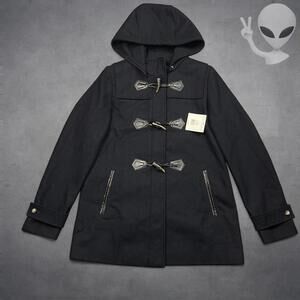 NWT Liz Claiborne Wool Toggle Duffle Coat Small Black Hooded